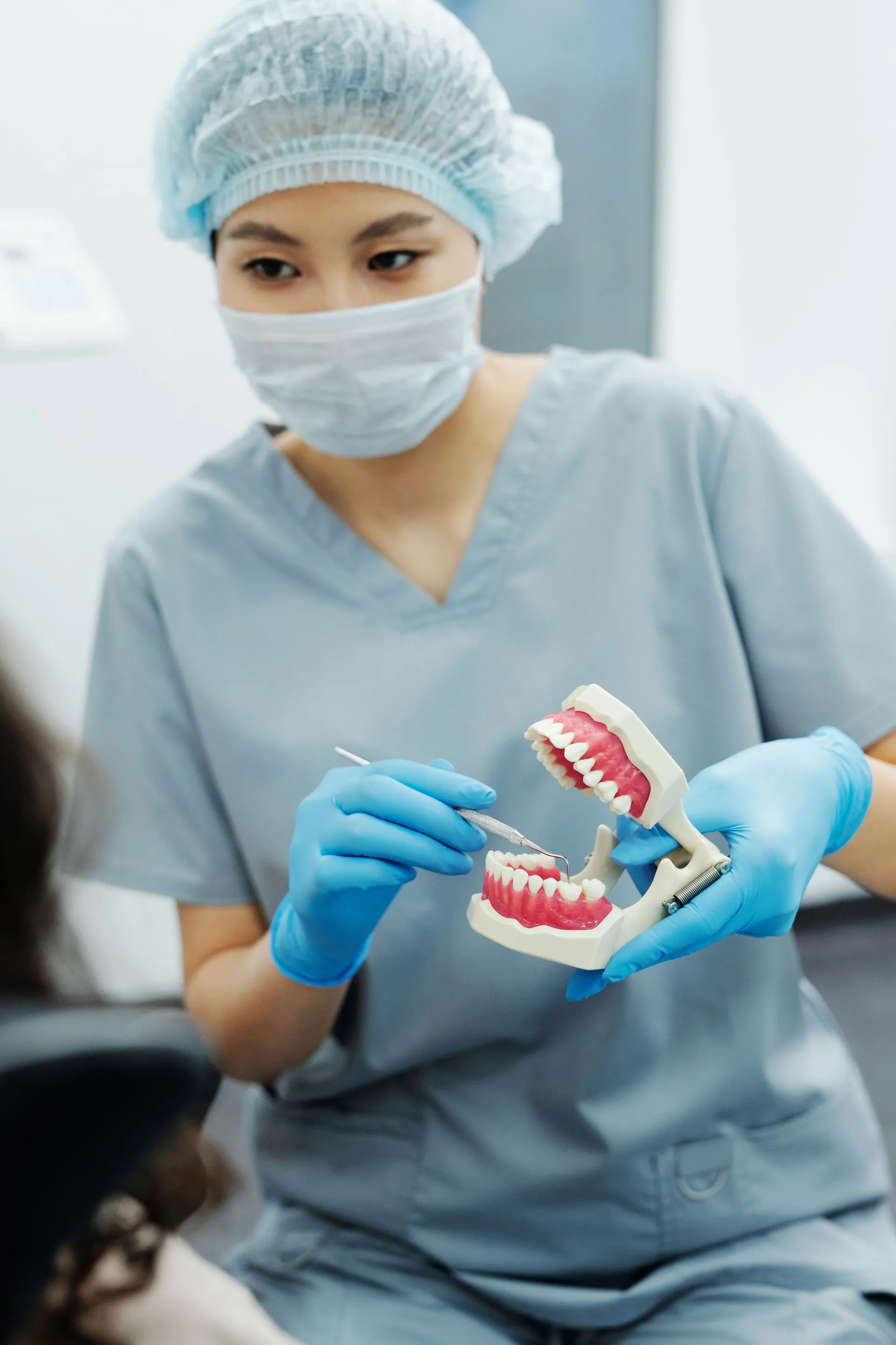 Profesional dental explicando un tratamiento con un modelo de dentadura